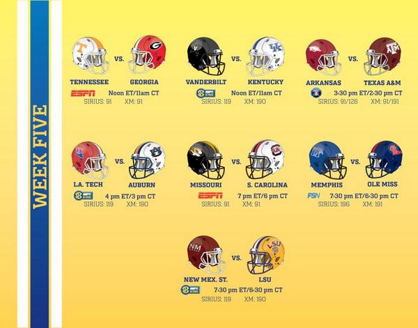 SECNetwork's tweet image. Welcome to Week 5! 

Who you got in this weekend's #SEC matchups?
