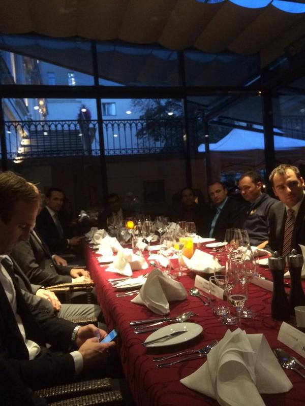 ECCzechRepublic's tweet photo. Some of the largest banks at one table, sharing and listening to star-ups. #DavidandGoliath Fintech Dinner http://t.co/5mfhMta9Oi