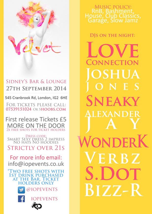 IOPEVENTS's tweet photo. Two Free Shots????!!! #Velvet this Saturday @SidneysBarIG2 http://t.co/GHHMuiheQT