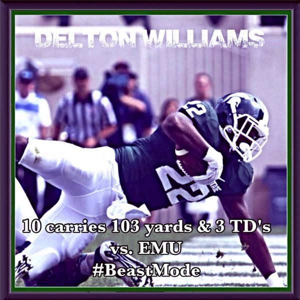 MSUFootballClub's tweet image. #ShoutOut to @williams_delton for his 10 Carries, 103 yards with #3Touchdowns vs. EMU! #HomeComingWeek #BeatWyoming!
