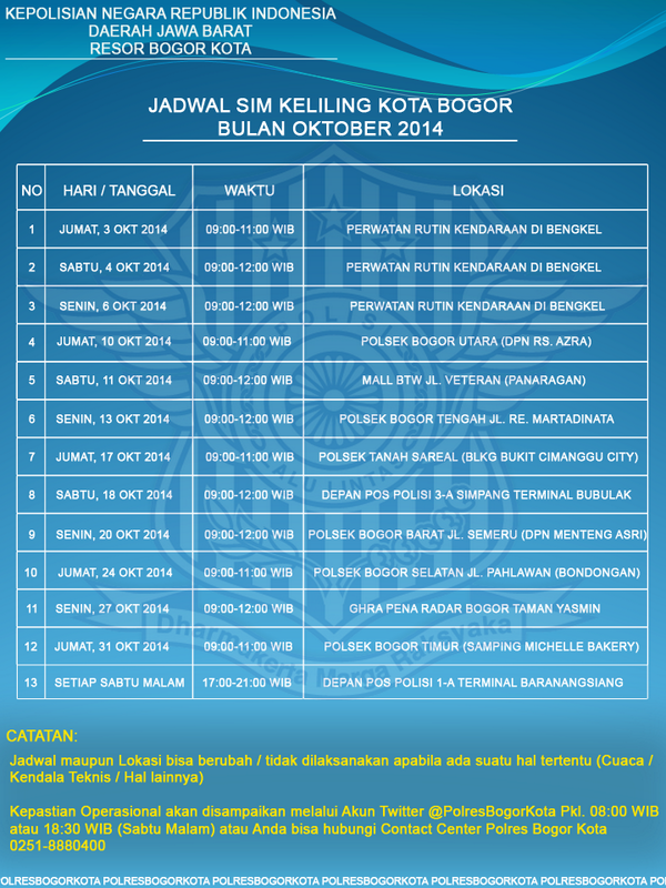 Jadwal SIM Keliling Kota Bogor untuk Bulan Oktober 2014;