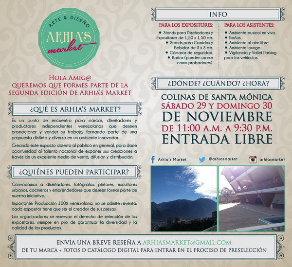ArhiasMarket's tweet photo. Participa en la segunda edición de Arhias Market el mejor #MercadodeDiseño #ArhiasMarket ¡Reserva tu stand ya! http://t.co/PbY8GIIAiB
