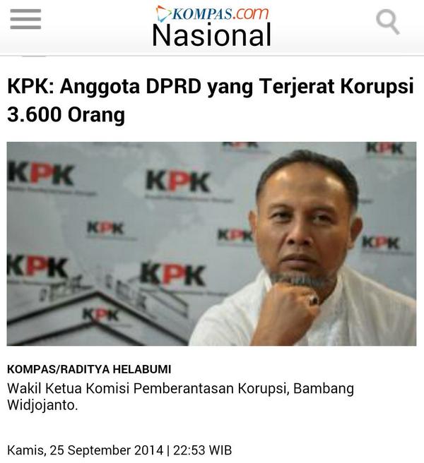 jokoanwar's tweet photo. Kepala daerah yang milih rakyat langsung aja ada yg korupsi. Apalagi kalo yg milih koruptor. Selamat, Indonesia! http://t.co/XeWFVjO6zv