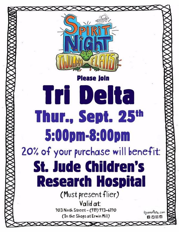 TriDeltaDuke's tweet image. Come out to Tijuana flats to help us raise some money for @StJude