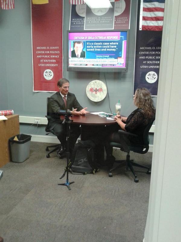 pgchristensen's tweet photo. Congressman Stewart getting interviewed in the Leavitt Center, ready for the debate tonight! @leavittcenter http://t.co/KiiWQ3BsPb