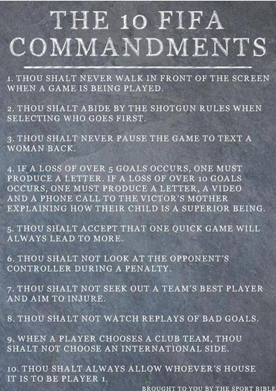 FootballFunnnys's tweet photo. FIFA 15 is coming. Let's all remember the 10 FIFA commandments! http://t.co/RSnYdrcQqB