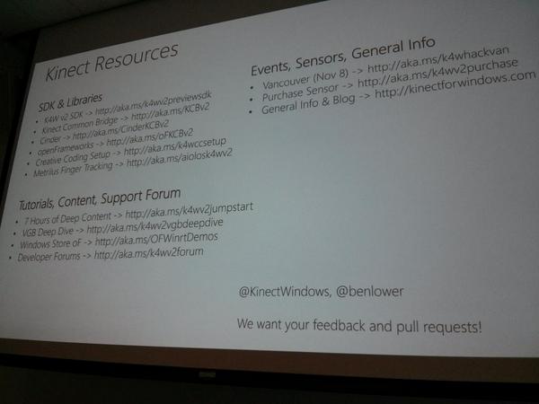 absolv's tweet image. List of resources provided by @kinectwindows at #kinectv2 workshop at @inst_int