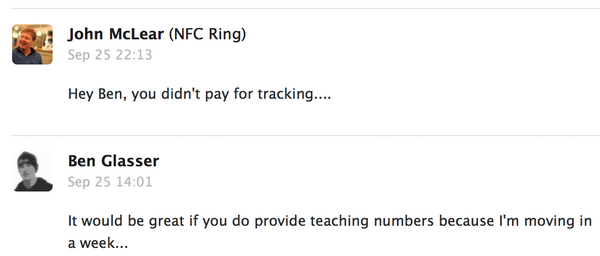 BenGlasser's tweet image. snotty reply from the guys at #NFCRing. I hope the ring isn't as bad as their customer service #NickledAndDimed