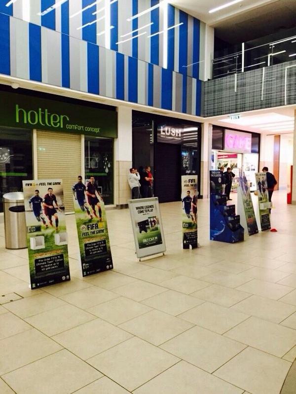 NenePackaging's tweet photo. Our displays outside Game Newcastle! 1 hour till midnight launch #FIFA15Friday http://t.co/llcTKCOUBY