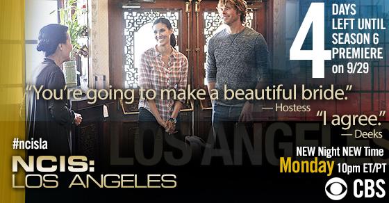 CBSTVStudios's tweet photo. Don't miss @NCISLA_CBS on their NEW MONDAY NIGHT. Only 4 days left to the Season 6 Premiere 9/29 10/9c on #CBS http://t.co/341jhMZiz1