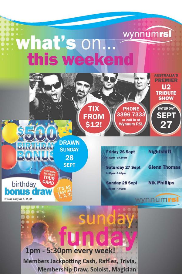 WynnumRSL's tweet photo. #Whatson @WynnumRSL this weekend? The short answer is HEAPS! http://t.co/eelnJbzp0Y