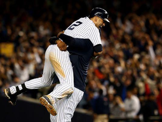 usatodaysports's tweet photo. Derek Jeter's final Yankee Stadium at-bat results in walk-off win: http://t.co/fXVvzl8Xt8 (@BNightengale) http://t.co/baT5eA76Nl