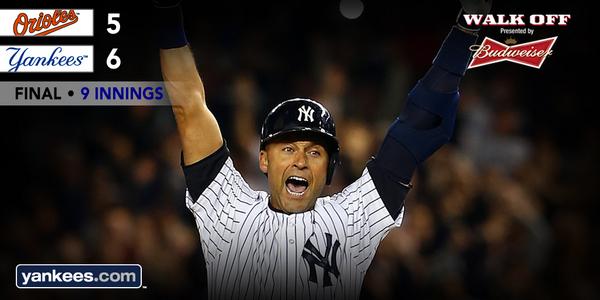 Yankees's tweet photo. RECAP: In epic storybook ending, Derek Jeter closes his last game in Bronx with a #walkoff. http://t.co/Dl390SbteQ http://t.co/BaIYT38fgx