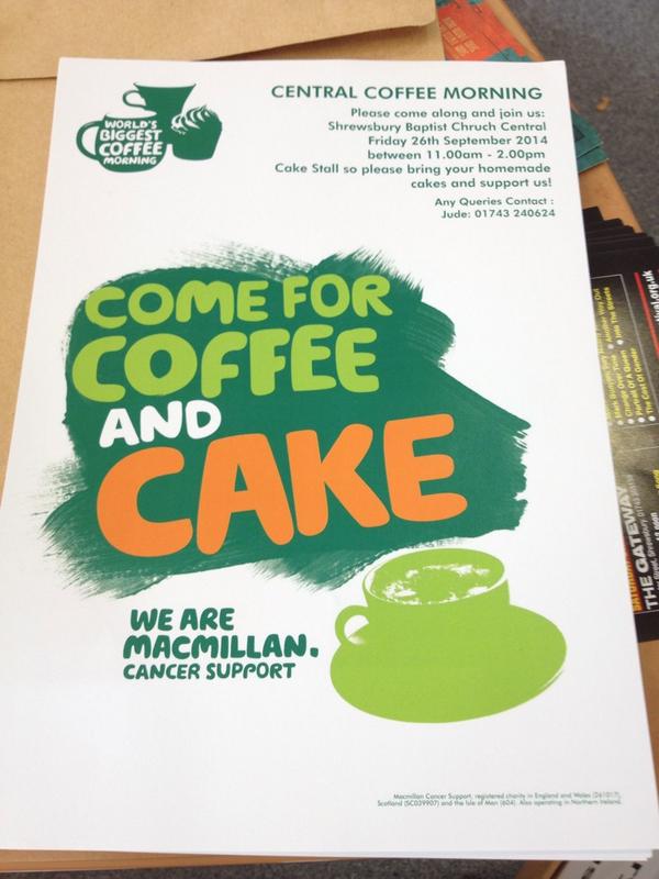 charlescrosland's tweet photo. @CentralSY1 @shrewstoday looking forward  2 coffee morning @Central Claremont st #shrewsbury#MacmillanCoffeeMorning http://t.co/0PhQtXuOEc