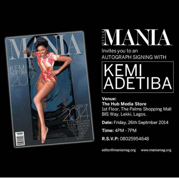 360nobsFashion's tweet photo. Mania Magazine Presents: Autograph Signing with Kemi Adetiba.
4pm - 7pm at The Hub, The Palms, Lekki http://t.co/SzGaCz0ZWJ