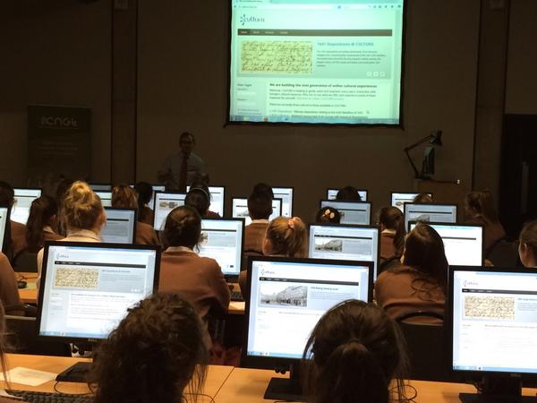 COLING2014's tweet photo. Students becoming digital #historians for a day @discoverresearch Join us tonight from 5-9pm! #1916Rising http://t.co/stbpwTSnrN