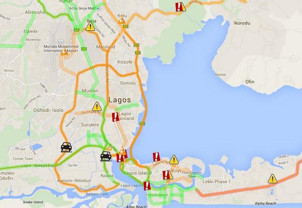 TrafficChiefNG's tweet image. #TrafficMap snapshot 3:45pm Fri September 26, 2014 #LagosTraffic #GoogleMap #Accidents #Obstacles #ConstructionWork
