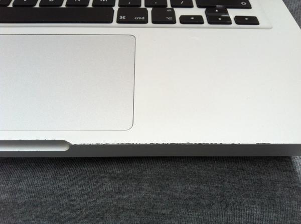 jai_bee's tweet image. Computer people: this is my 2yo MacBook Pro, top case by trackpad- can it be fixed, how much £, any advice? #machelp