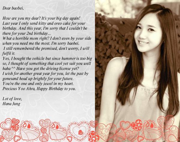 CribsRPLife's tweet photo. #cconfession to: @YooAhra_hstar ♡// #BambiAraDay Annyeong birthday girl, you have something special. Frm: 정하나 http://t.co/dOfd1RQEQM