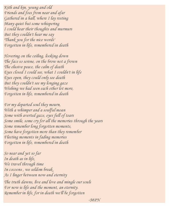 vmothinath's tweet photo. A beautiful way to express the rendition of a #soul during it's exit.Written by my uncle! #RememberedInDeath http://t.co/ucrtbb24ij