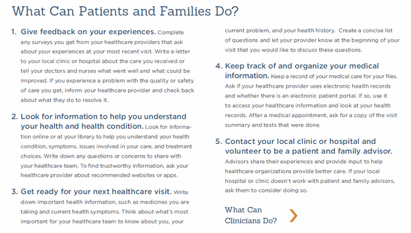 MoorePatient's tweet image. 5 simple actions patients, families can take today to partner w/ HCPs. #PFERoadmap: bit.ly/1pbdpPS