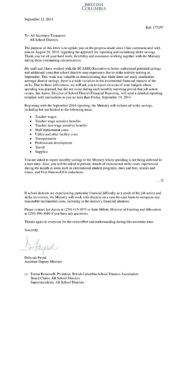 Memo from government asking school districts to refund strike savings. #bced #bcpoli <a href="/stevecbc/">Steve Lus</a>