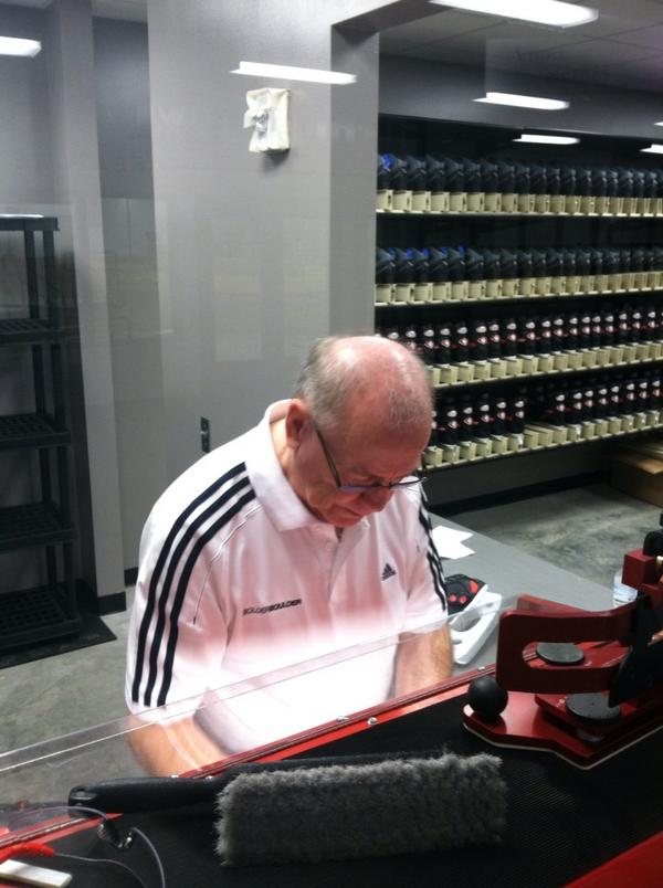 Scheelsiceplex's tweet photo. Bob Coslett, master skate sharpener. 130 rental skates done...120 more to go. #openskate #scheelsiceplex http://t.co/bAapK07DKs