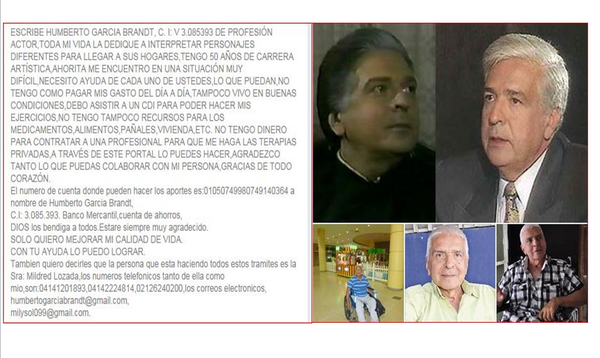 tulioramirezc's tweet photo. Actor Humberto García pide ayuda, no lo dejemos solo. Ayudemos con un minimo de 100 Bs. la cuenta está en http://t.co/1Dig7zIY2C
