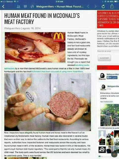 spacequeen024's tweet image. "@sunmanpatu: Human meat found at Mcdonalds factory. Now you know! http://t.co/WUfrxkthbU"animal cruelty and cannibalism! Tsk tsk, America.