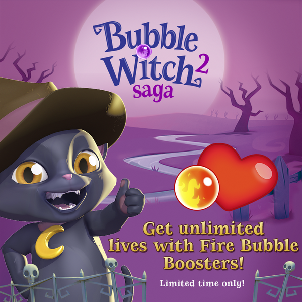 Bubble_Witch's tweet photo. "Hey hey,listen up! #HarvestSale is on!Buy a #FireBubble and get #UnlimitedLives for 2 hours or more!" - Nero http://t.co/YfaEYSMxra