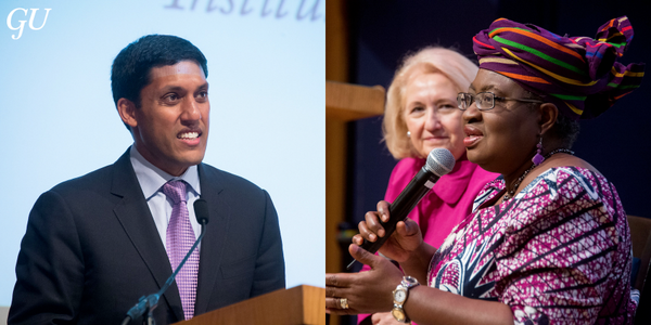 GUAlumni's tweet photo. The world meets at GU! @rajshah and @NOIweala spoke today on girls' education in Nigeria and beyond. #SecureGirlsEd http://t.co/o0NCJeBLl1