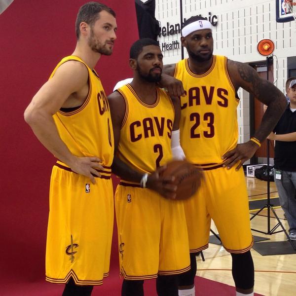 SportsCenter's tweet photo. First look at LeBron, Kyrie &amp; K-Love together in their Cavs uniforms today.

Team looks pretty good... (via @cavs) http://t.co/ctUbmiLHaa