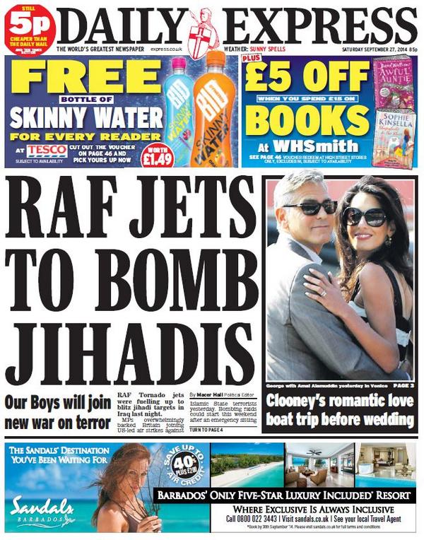 SkyNews's tweet image. DAILY EXPRESS FRONT PAGE: "RAF jets to bomb jihadis" #skypapers
