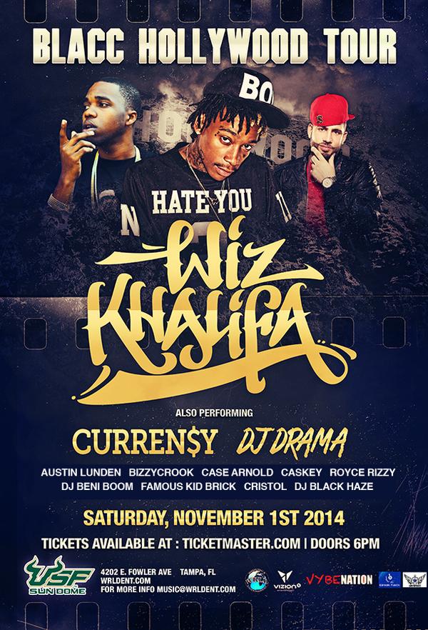 USFStudentUnion's tweet image. The Blacc Hollywood Tour hits Tampa, FL Nov. 1st feat. Wiz Khalifa, Curren$y, DJ Drama + more!