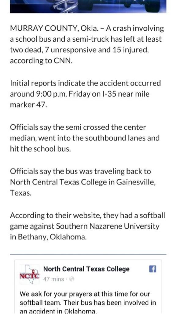 Please join me in praying for the North Central Texas College Softball Team, there were in a horrific accident... 🙏