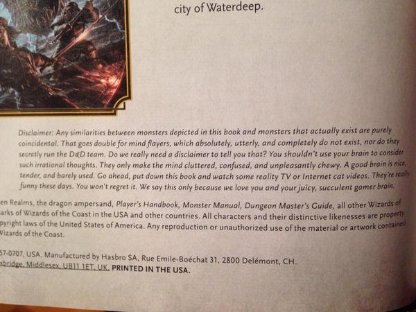 RussWakelin's tweet image. Just noticed the disclaimers in the @Wizards_DnD 5e books. Love it!