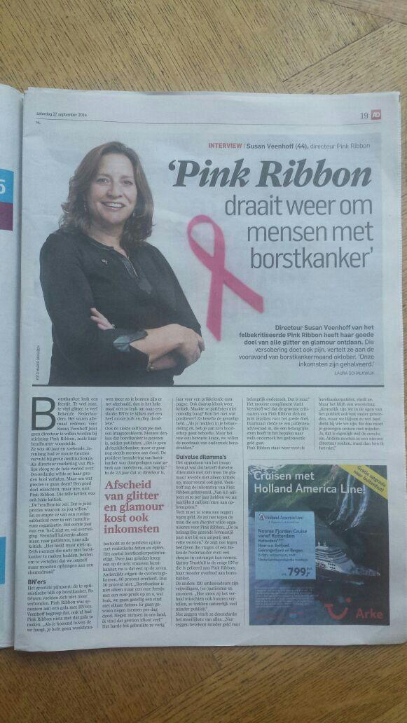 pinkribbon_NL's tweet photo. Een mooi artikel vandaag in het Algemeen Dagblad over Pink Ribbon! http://t.co/yGtdcrY5U9