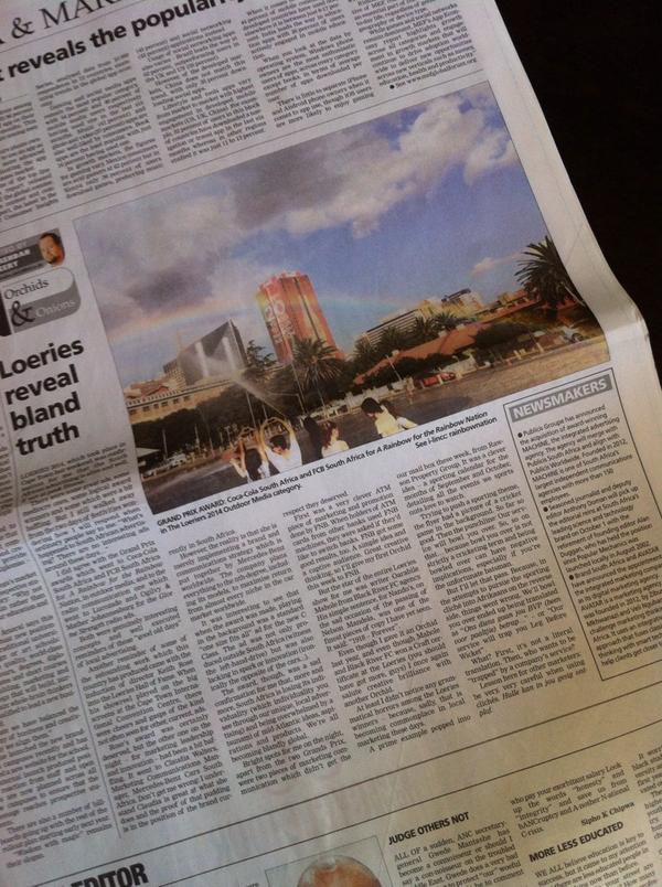 _fcbafrica's tweet photo. Great to make the papers! Nice!!! @CocaCola @BrettWrote @JonathanDeeb @sharonakeith @khayadlanga #Loeries2014 http://t.co/xgJYrUuqHU