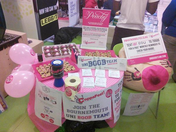 We're here representing <a href="/CoppaFeelPeople/">CoppaFeel!</a>  at <a href="/bournemouthuni/">Bournemouth Uni</a> Freshers Fair! Come sample one of our Gingerboob men! 😜