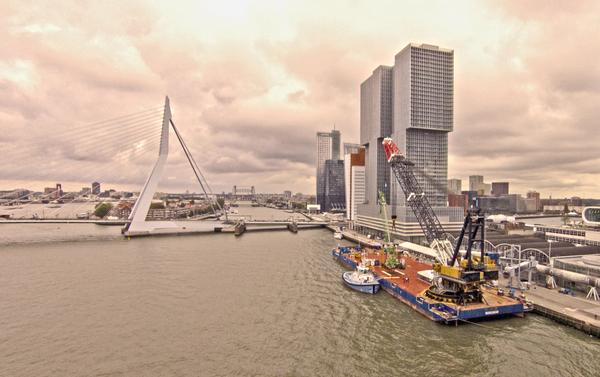 RdamOffshore's tweet photo. #conquest MB1 at #nlrtm #cruiseterminal. @ NZS #shipbrokersdinner with the Rotterdam Erasmus bridge on the background http://t.co/JnCkIG9Y2F