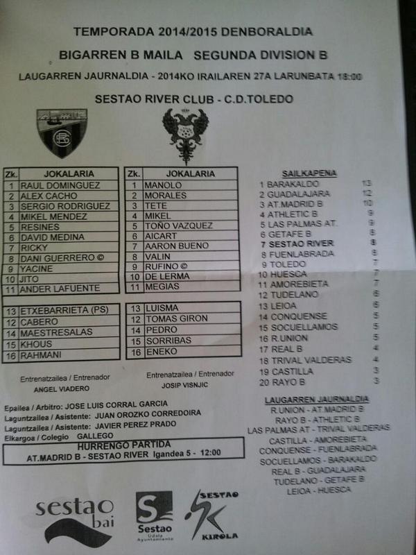 TCfpro1's tweet photo. ALINEACIONES I Alineaciones del @SestaoRC - @CD_Toledo. Foto vía @AnderGonzalezGT. http://t.co/HWUJinMOm2