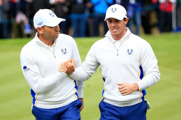 RyderCupEurope's tweet photo. VAMOS!!! Sergio and Rory take down Mahan and Furyk, 3&amp;2. #GoEurope http://t.co/34BcxBKPlQ