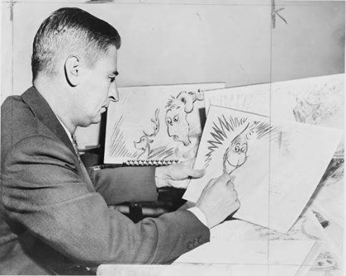HistoryInPics's tweet photo. Dr. Seuss drawing The Grinch, 1957 http://t.co/FGI8xIUKRm