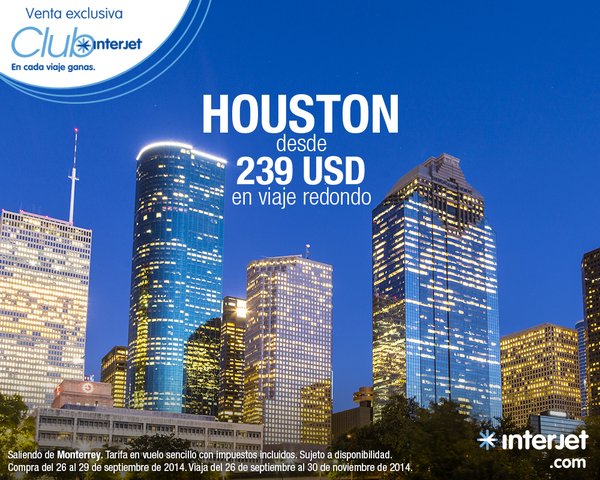 interjet's tweet photo. ¡Viaja a #Houston desde 239 USD! Sólo inicia sesión con tu cuenta de #ClubInterjet http://t.co/i4KWubyf4W http://t.co/Pahp59RN3z