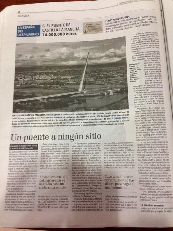 ingenieriared's tweet photo. En la edición impresa de El Mundo historia de un despilfarro de 74 M€: Puente Castilla-La Mancha http://t.co/xLQN5qSILV vía @jorgealcz