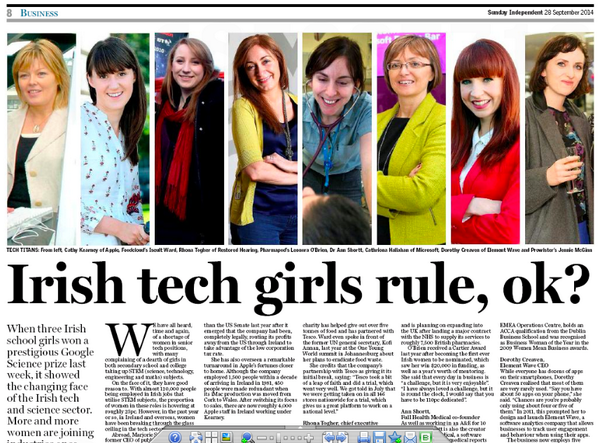 DorothyCreaven's tweet image. Thanks @TheSundayIndo for the feature in today's paper on Irish women in technology #womenintech #STEM @Element_Wave