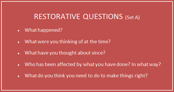 GeekyAusTeacher's tweet photo. A3: Use Restorative Justice questioning to help the kids reflect on their behaviour #aussieED http://t.co/CiLdW1btld