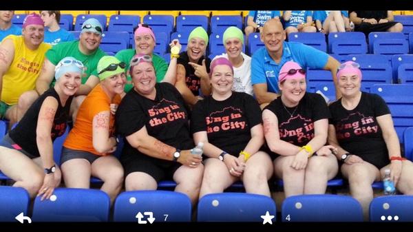 JamboDove's tweet photo. can add @Duncan_Goodhew to our celebrity fans at @Singinthecity - we even got to wear his medals :-) #SwimBritain http://t.co/JnfqM3BG8C