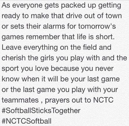 SFTBConfessions's tweet photo. "players and families need all the prayers they can get.. 😔" #NCTCSoftball #SoftballSticksTogether http://t.co/5j9zeHdyAT