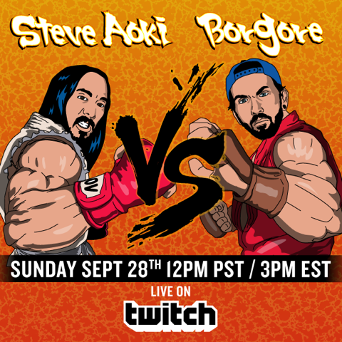 It’s going down at 12PM (PST)! twitch.tv/steveaoki #AokiVsBorgore